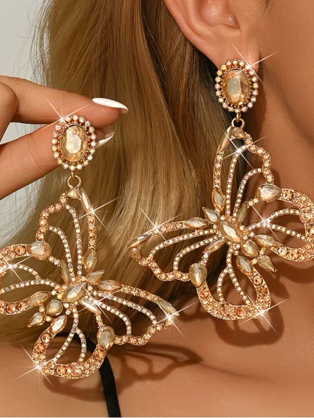 Gold Crystal Butterfly Drop Earrings - Women Jewelry